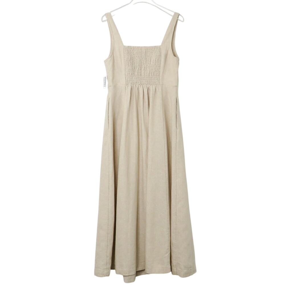 Old Navy Fit & Flare Sleeveless Linen-Blend Midi Dress Beige Cream Small Linen - Picture 3 of 7